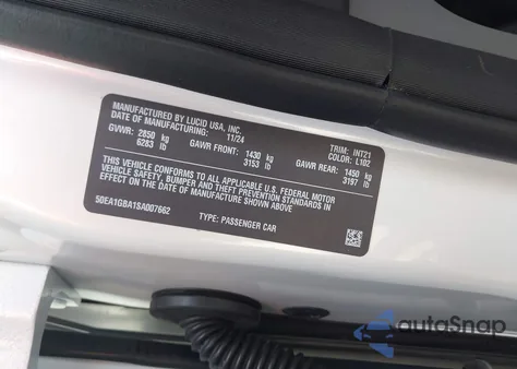 2025 Lucid Air Grand Touring из США, поврежденный, VIN 50EA1GBA1SA007662